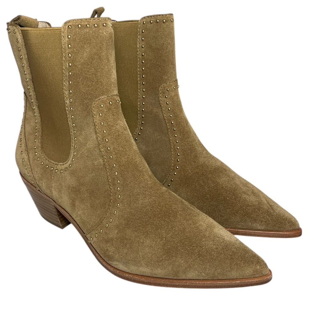 PAIGE Willa Studded Suede Tan Leather Chelsea Boots Size 10 NWOB